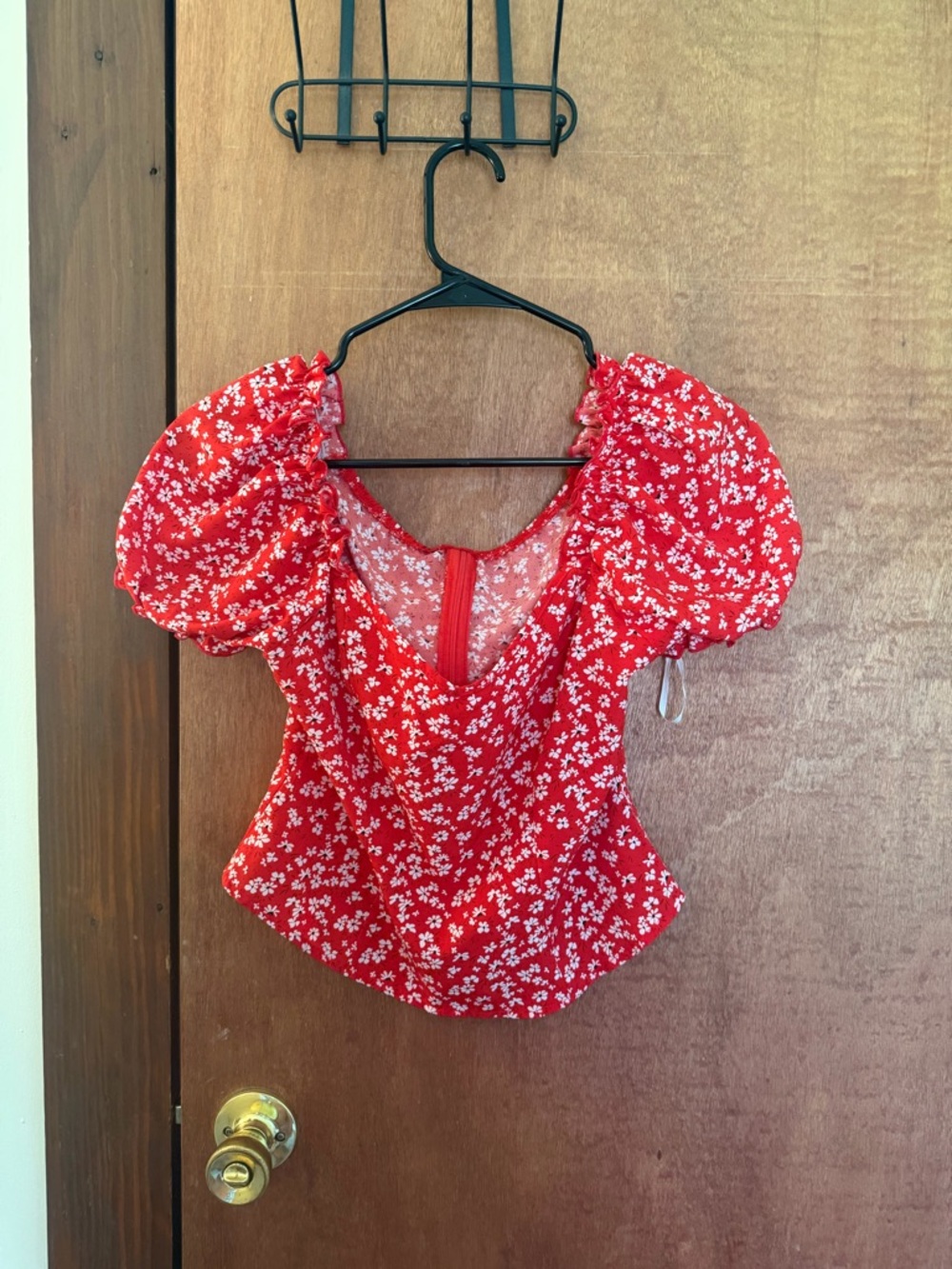 Red Floral Puff Sleeve Women's Top
